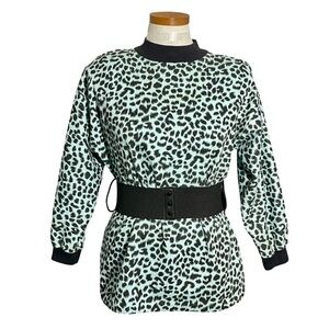 1980’s Sky Lite Aqua Leopard Print Mock Neck Long Sleeve Belted Top